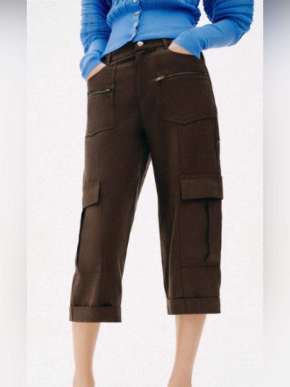 ZARA CARGO CAPRI TROUSERS NWT size M brown color (36x20)
